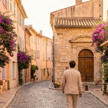 Un homme marche dans une ruelle pavée ensoleillée de Saint-Tropez, bordée de maisons colorées et de bougainvilliers.