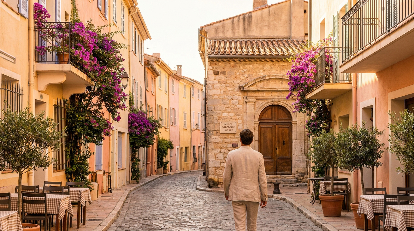 Un homme marche dans une ruelle pavée ensoleillée de Saint-Tropez, bordée de maisons colorées et de bougainvilliers.