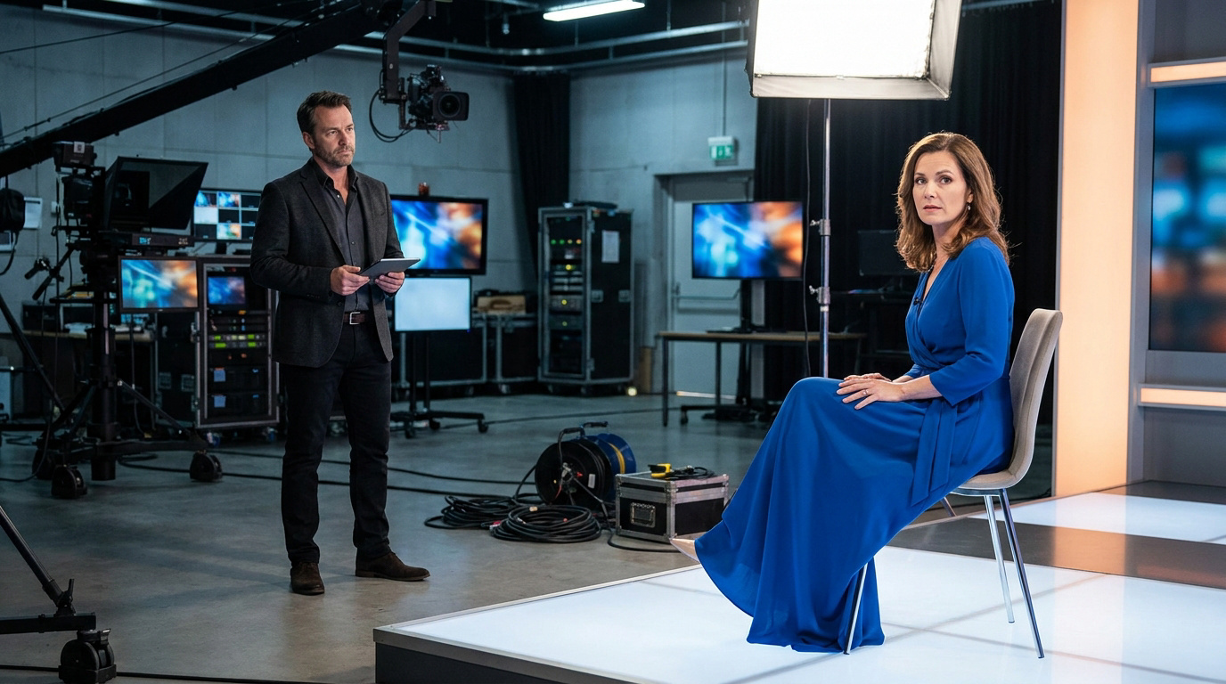 Un homme en costume et une femme en robe bleue sur le plateau technique d'une émission de télévision.