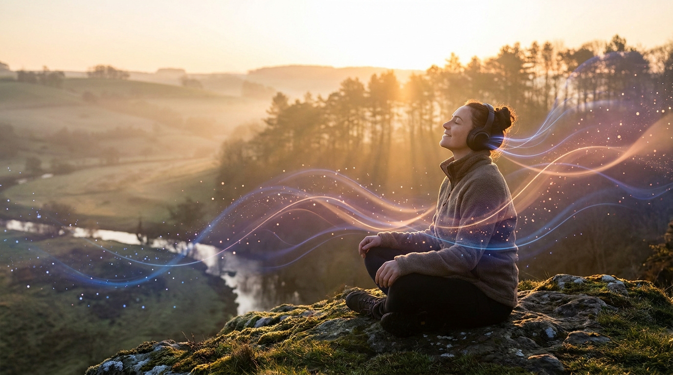 Une femme assise sur un rocher en pleine nature, écoutant de la musique avec des ondes lumineuses autour d'elle au coucher du soleil.