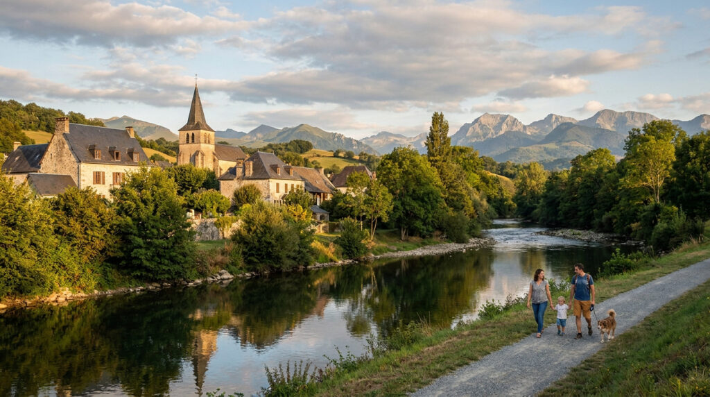 Une famille se promène avec son chien au bord d'une rivière face à un village béarnais et aux Pyrénées.