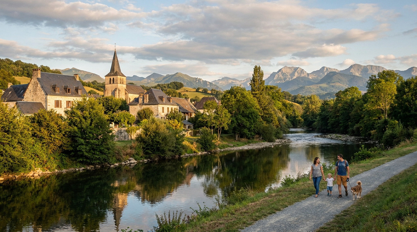 Une famille se promène avec son chien au bord d'une rivière face à un village béarnais et aux Pyrénées.