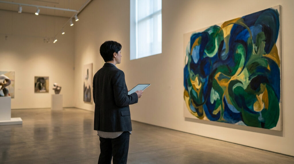 Une personne en blazer sombre observe une grande peinture abstraite colorée dans une galerie d'art moderne.