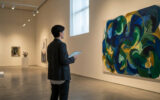 Une personne en blazer sombre observe une grande peinture abstraite colorée dans une galerie d'art moderne.