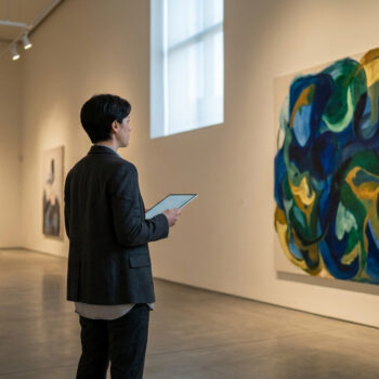 Une personne en blazer sombre observe une grande peinture abstraite colorée dans une galerie d'art moderne.