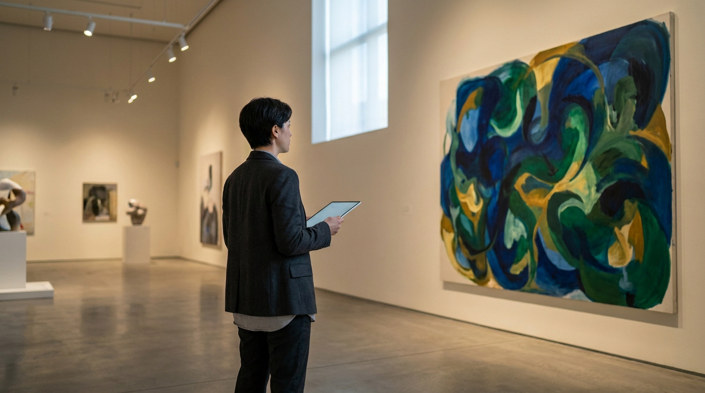 Une personne en blazer sombre observe une grande peinture abstraite colorée dans une galerie d'art moderne.