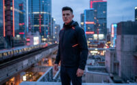 Un homme à la coiffure soignée portant une veste tactique avec des détails lumineux dans une ville futuriste.