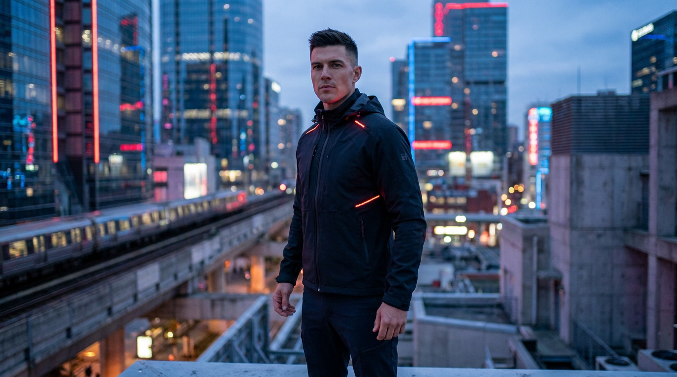 Un homme à la coiffure soignée portant une veste tactique avec des détails lumineux dans une ville futuriste.
