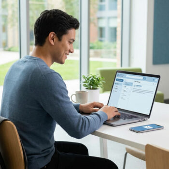 Étudiant souriant travaillant sur son ordinateur portable dans un espace d'étude lumineux.