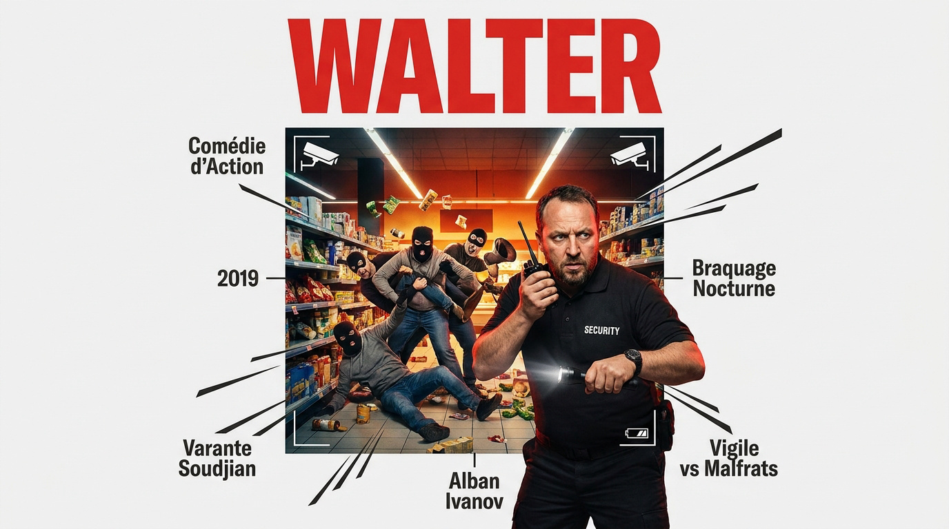 Affiche officielle du film Walter montrant les braqueurs et le vigile dans un supermarché