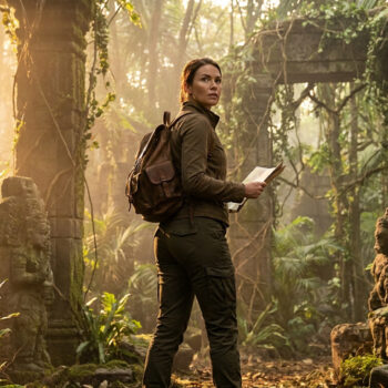 Une femme exploratrice avec un sac à dos et une carte dans un temple en ruine recouvert de mousse en pleine jungle.