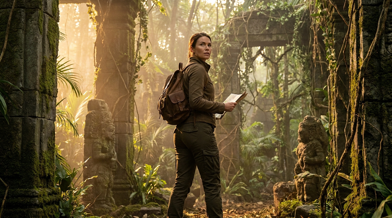 Une femme exploratrice avec un sac à dos et une carte dans un temple en ruine recouvert de mousse en pleine jungle.