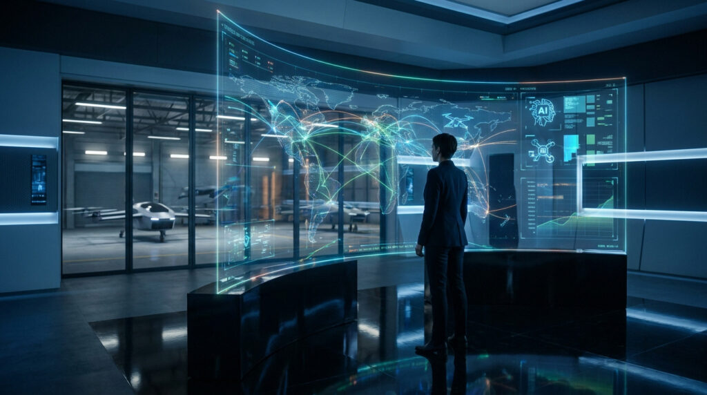 Personne observant une carte du monde numérique sur un écran holographique géant dans un centre de contrôle technologique.