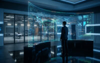 Personne observant une carte du monde numérique sur un écran holographique géant dans un centre de contrôle technologique.
