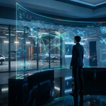 Personne observant une carte du monde numérique sur un écran holographique géant dans un centre de contrôle technologique.