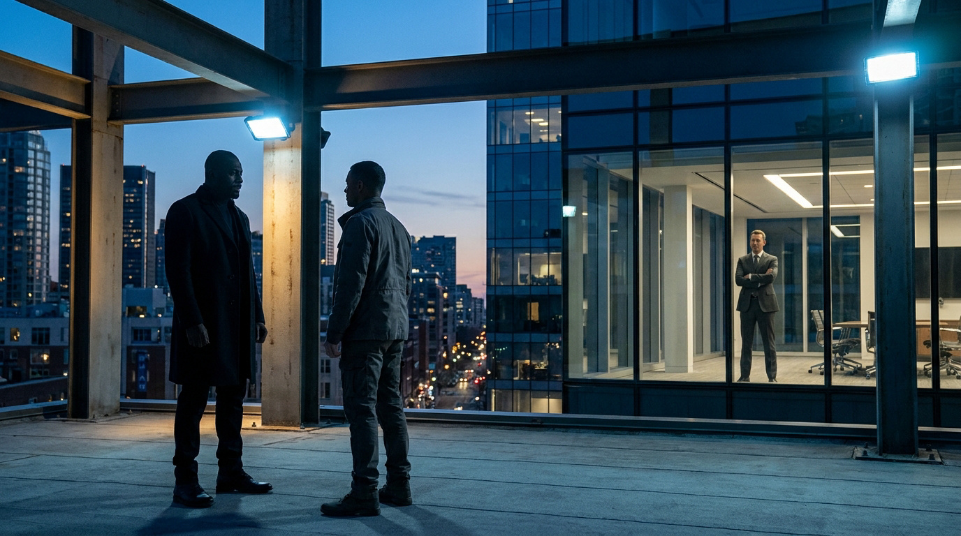 Deux hommes font face à un homme en costume derrière une vitre sur un toit terrasse au crépuscule.