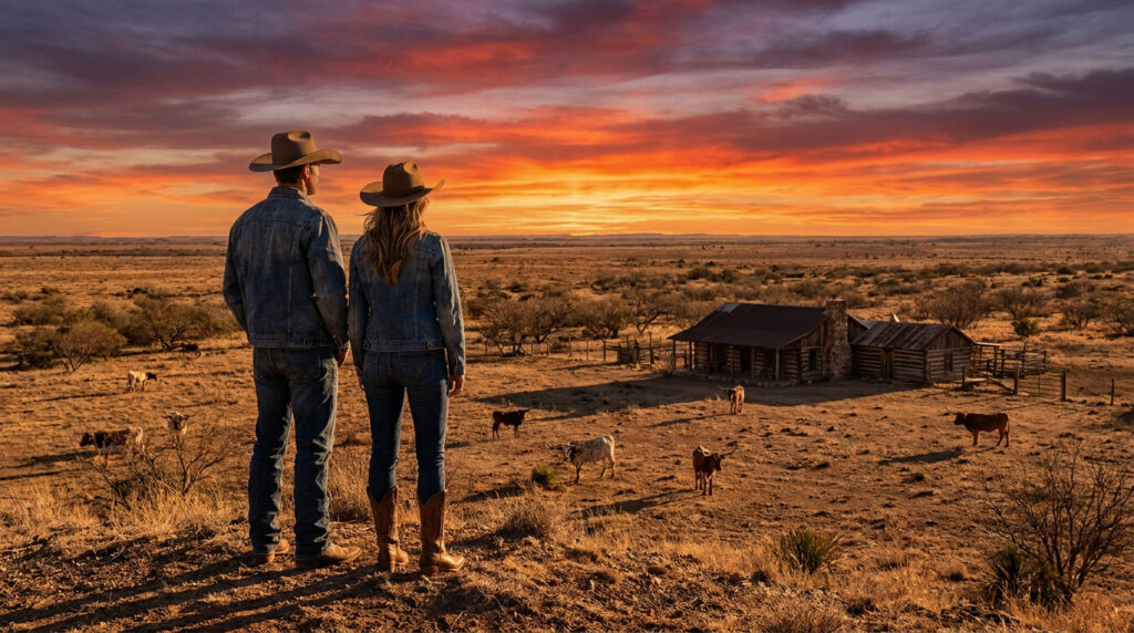 Un couple en tenues de cow-boy contemple un ranch au Texas sous un spectaculaire coucher de soleil.