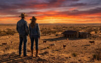 Un couple en tenues de cow-boy contemple un ranch au Texas sous un spectaculaire coucher de soleil.