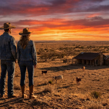 Un couple en tenues de cow-boy contemple un ranch au Texas sous un spectaculaire coucher de soleil.