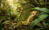 Le Marsupilami avec sa longue queue enroulée dans une jungle luxuriante et lumineuse.
