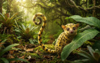 Le Marsupilami avec sa longue queue enroulée dans une jungle luxuriante et lumineuse.