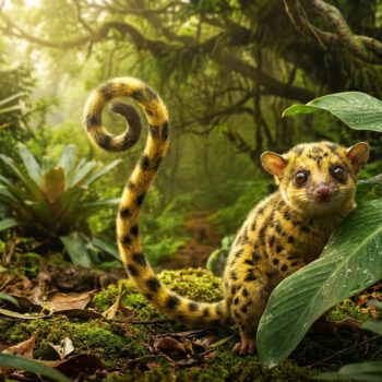 Le Marsupilami avec sa longue queue enroulée dans une jungle luxuriante et lumineuse.