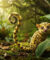 Le Marsupilami avec sa longue queue enroulée dans une jungle luxuriante et lumineuse.