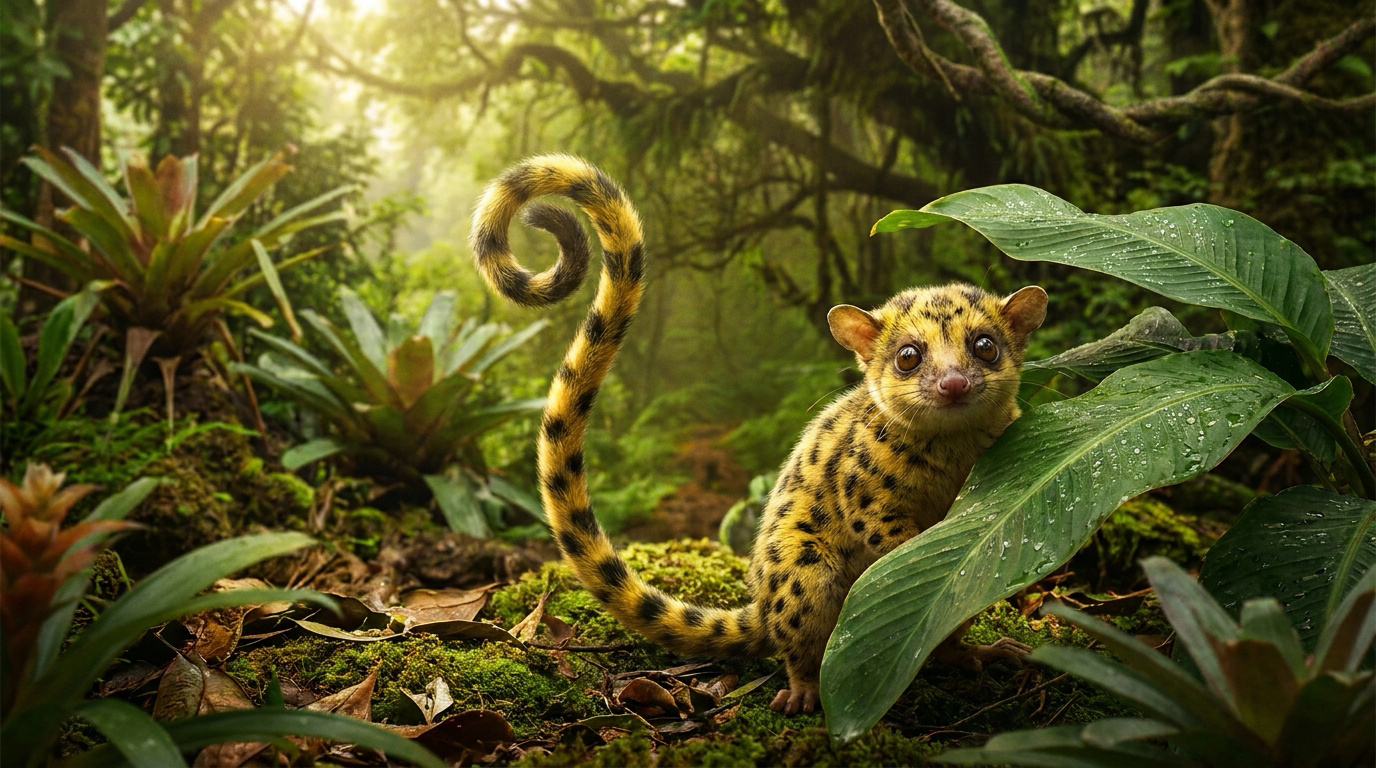 Le Marsupilami avec sa longue queue enroulée dans une jungle luxuriante et lumineuse.