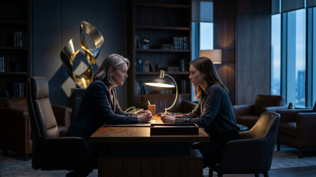 Deux femmes se font face à un bureau dans un bureau sombre et luxueux avec une lampe de table éclairée.