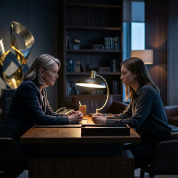 Deux femmes se font face à un bureau dans un bureau sombre et luxueux avec une lampe de table éclairée.