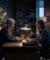 Deux femmes se font face à un bureau dans un bureau sombre et luxueux avec une lampe de table éclairée.