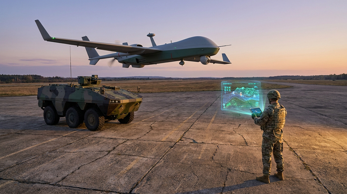 Un soldat utilise une tablette pour piloter un drone de reconnaissance au-dessus d'un véhicule blindé au coucher du soleil.