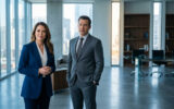Un homme et une femme en tenue professionnelle posant dans un bureau moderne et lumineux.