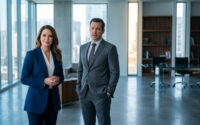 Un homme et une femme en tenue professionnelle posant dans un bureau moderne et lumineux.