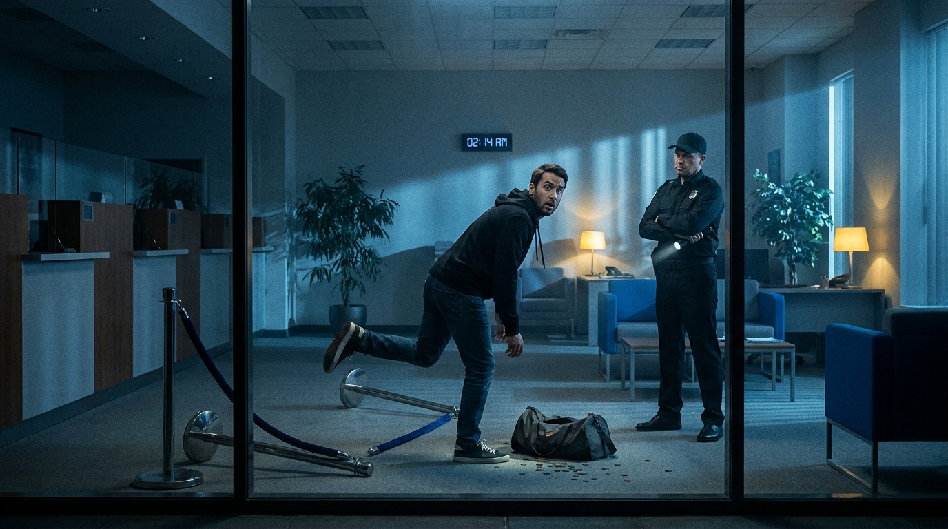 Un homme surpris en plein cambriolage par un vigile dans une banque.