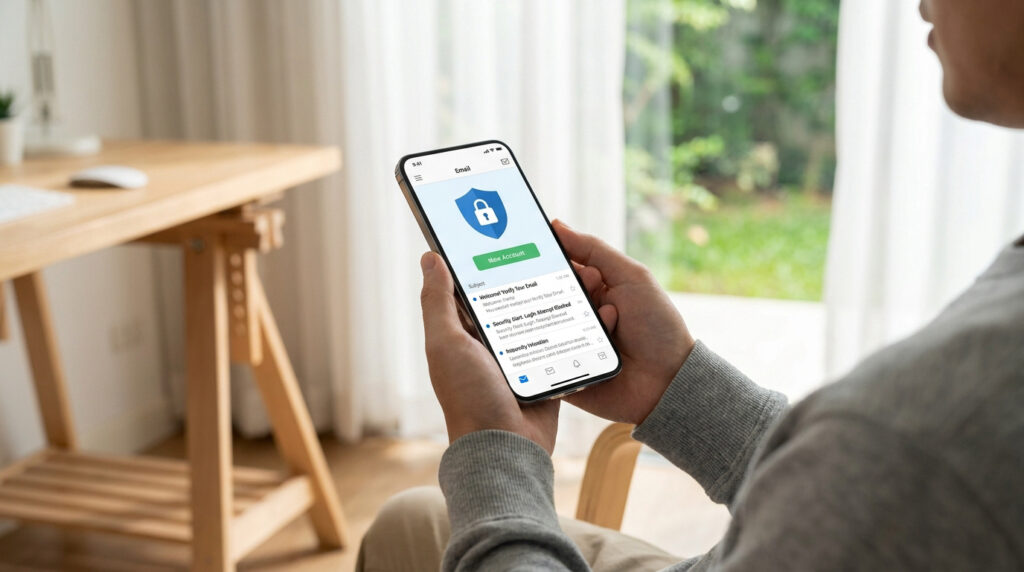 Une personne tient un smartphone affichant une application de messagerie avec une icône de bouclier de sécurité.