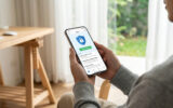 Une personne tient un smartphone affichant une application de messagerie avec une icône de bouclier de sécurité.