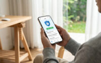 Une personne tient un smartphone affichant une application de messagerie avec une icône de bouclier de sécurité.