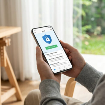 Une personne tient un smartphone affichant une application de messagerie avec une icône de bouclier de sécurité.