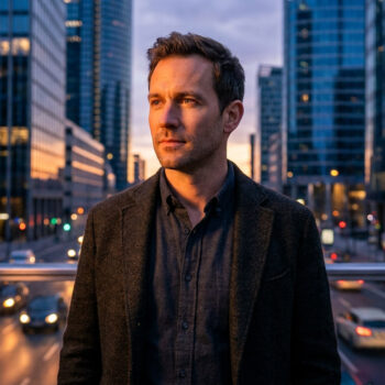 Frederick Lau pose devant un paysage urbain nocturne illuminé par les lumières des voitures et des gratte-ciel.
