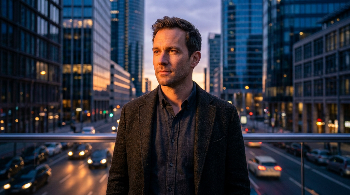 Frederick Lau pose devant un paysage urbain nocturne illuminé par les lumières des voitures et des gratte-ciel.