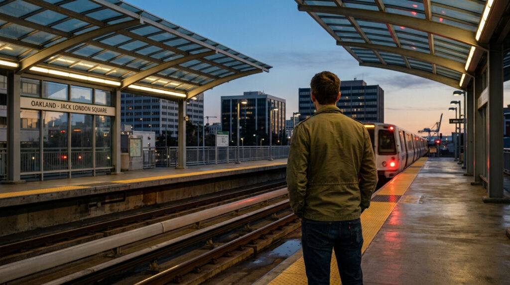 Un homme de dos attend sur le quai de la station de métro Oakland-Jack London Square au crépuscule.