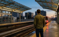 Un homme de dos attend sur le quai de la station de métro Oakland-Jack London Square au crépuscule.