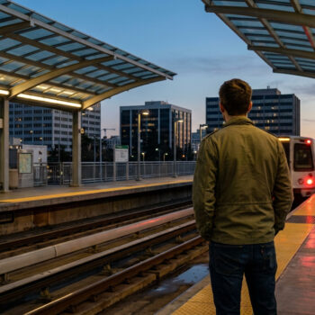 Un homme de dos attend sur le quai de la station de métro Oakland-Jack London Square au crépuscule.