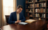 Un homme en costume bleu lit sur une tablette numérique devant une bibliothèque ancienne.
