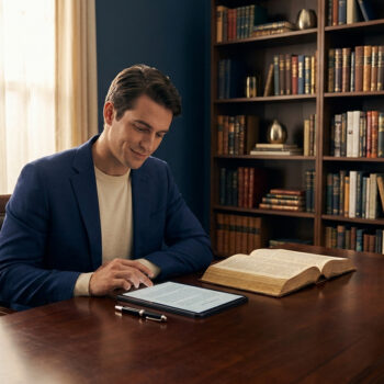 Un homme en costume bleu lit sur une tablette numérique devant une bibliothèque ancienne.
