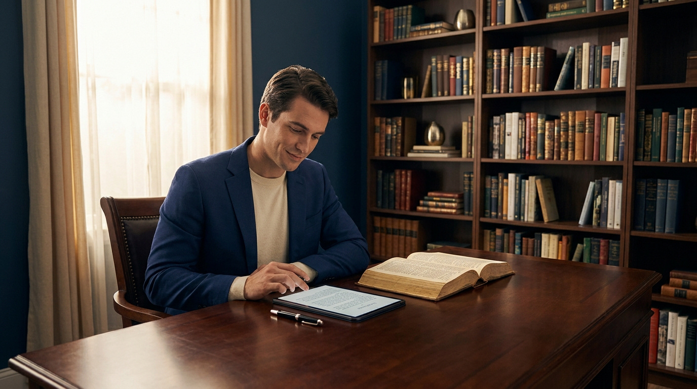 Un homme en costume bleu lit sur une tablette numérique devant une bibliothèque ancienne.