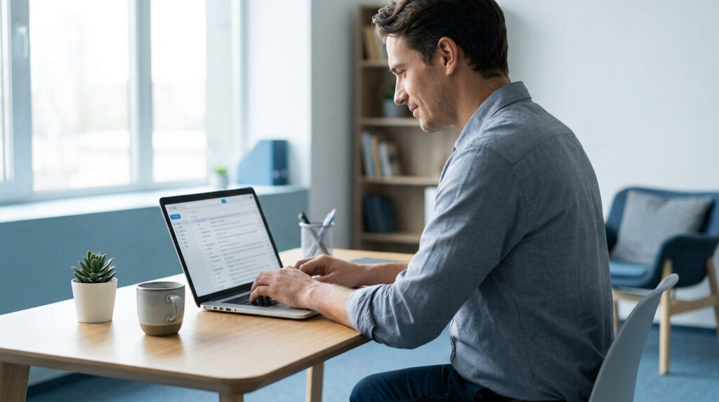 Un homme souriant travaille sereinement sur son ordinateur portable dans un bureau lumineux.