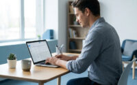 Un homme souriant travaille sereinement sur son ordinateur portable dans un bureau lumineux.