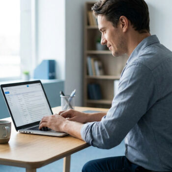 Un homme souriant travaille sereinement sur son ordinateur portable dans un bureau lumineux.